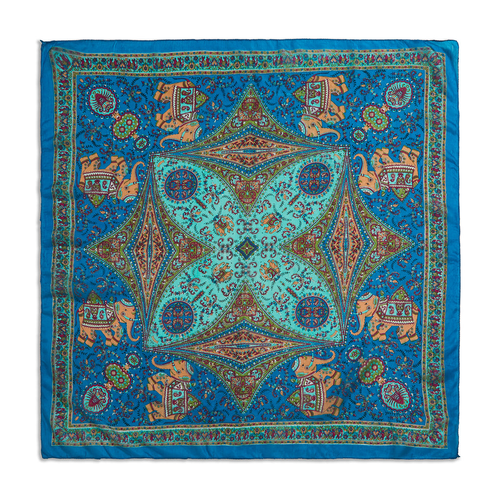 Blue Elephant Mosaic Silk Large Pocket Square