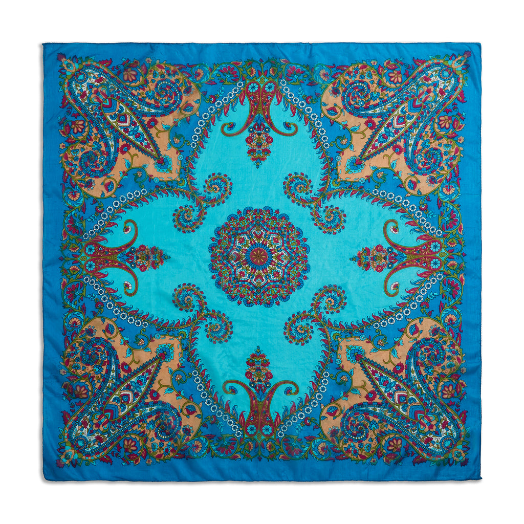 Azure Paisley Silk Large Pocket Square